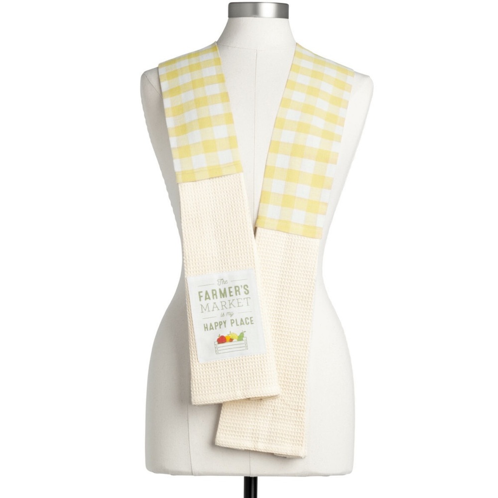 DEMDACO |🍎🍋Farmer’s Market is My Happy Place Yellow Plaid Long Kitchen Towel